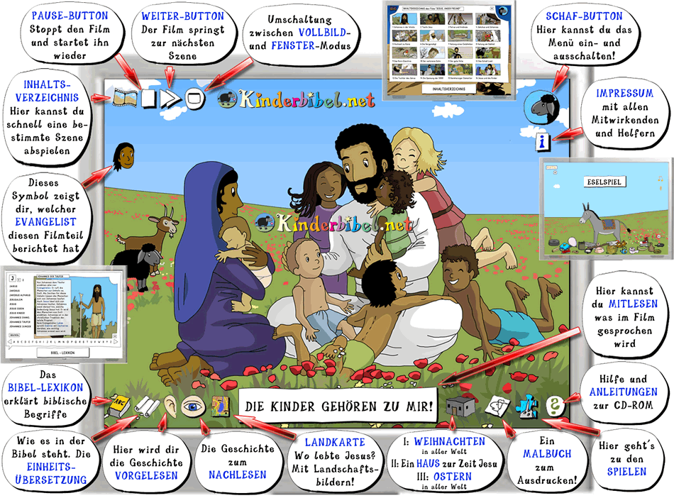 Interaktive Spieloberfläche des Zeichentrick-Films 'Jesus wird geboren' von Kinderbibel.net